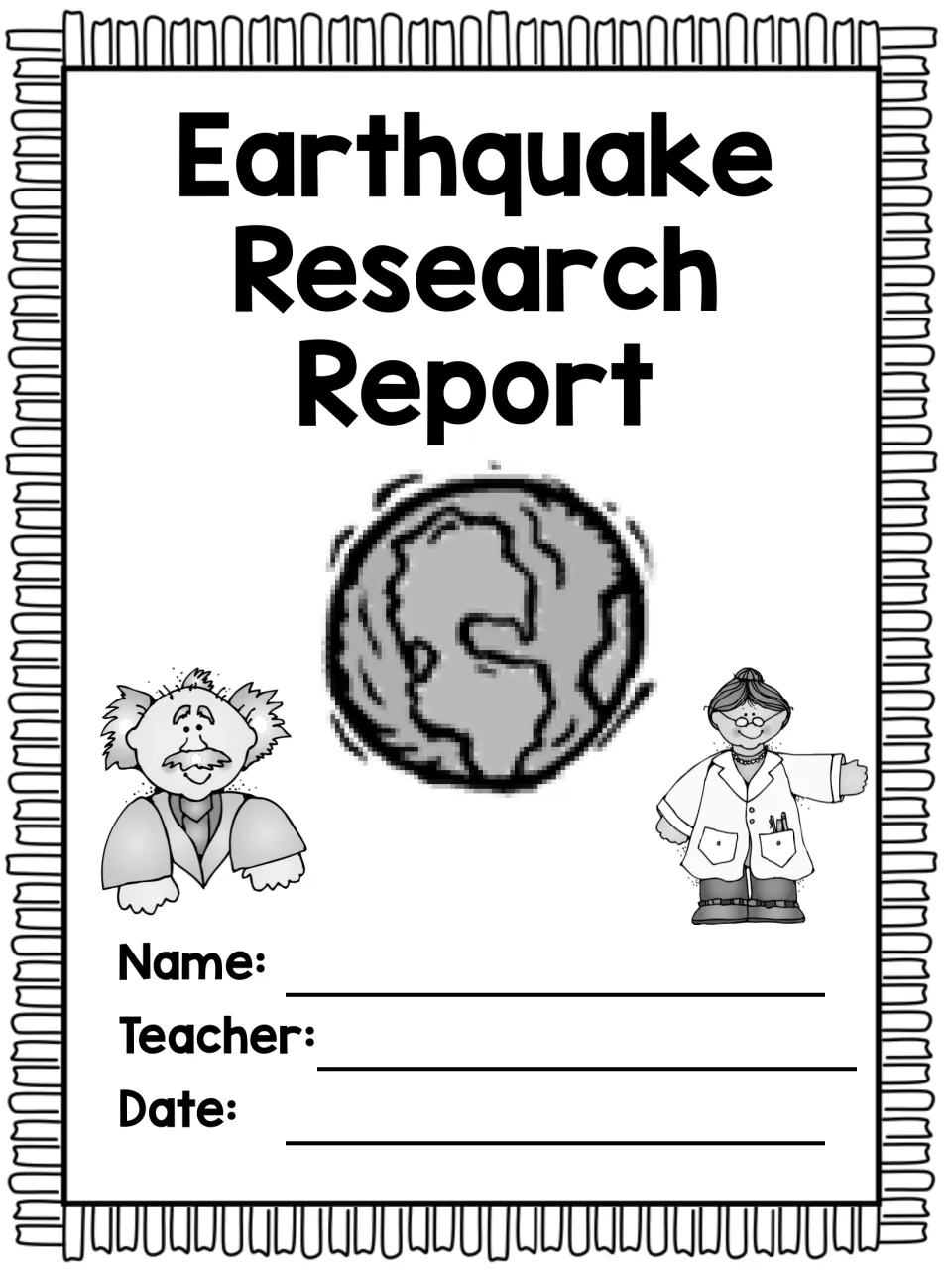 Black-and-white version of the report cover with a shaking globe, two cartoon scientists and name, teacher and date fields