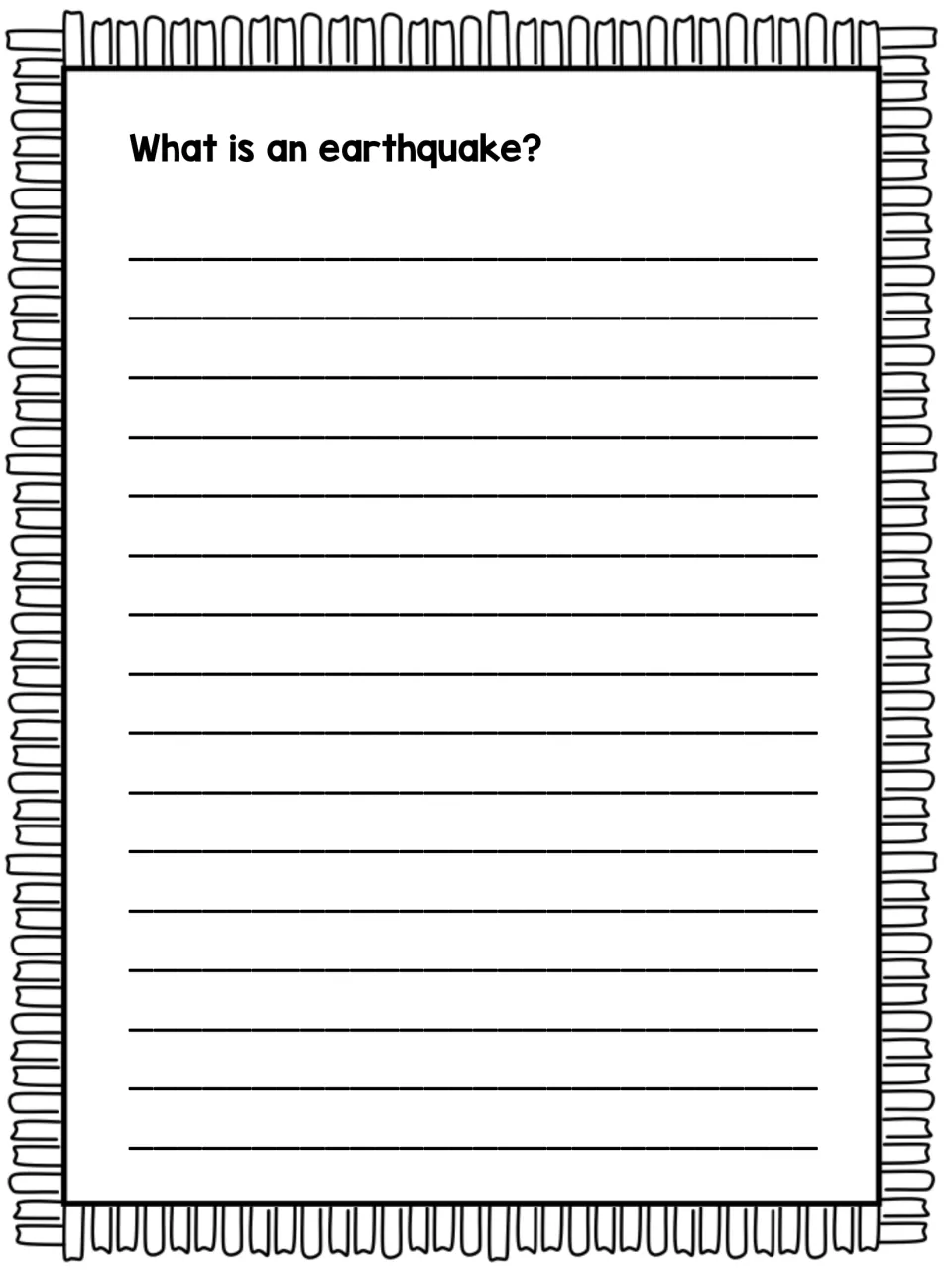 Earthquake definition page: students answer the question "What is an earthquake?" in a written paragraph