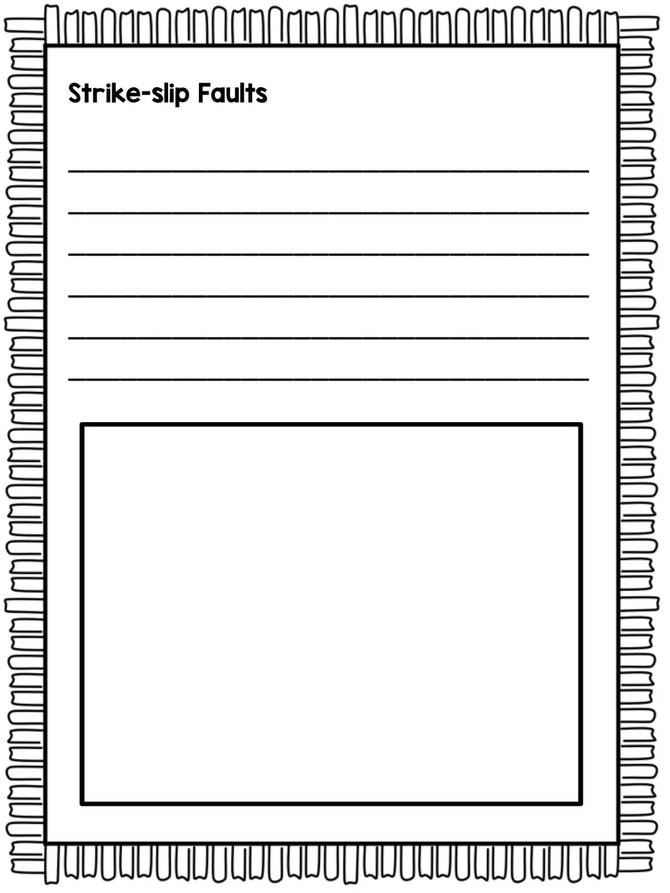 Strike-slip faults: students research and write about this fault type, then draw an illustration of it in the space below