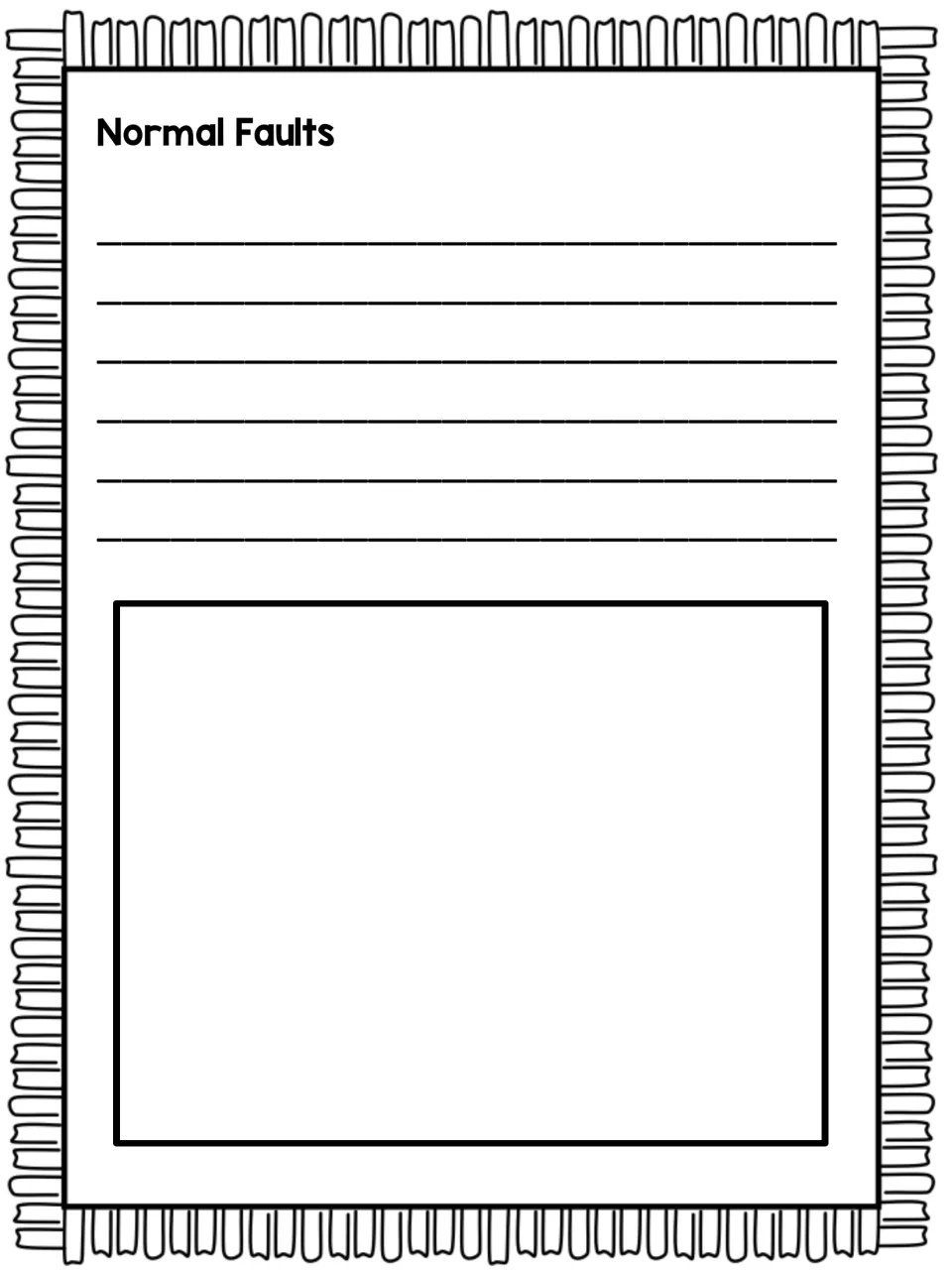 Normal faults research page: students write notes about normal faults and sketch an illustration of this fault type