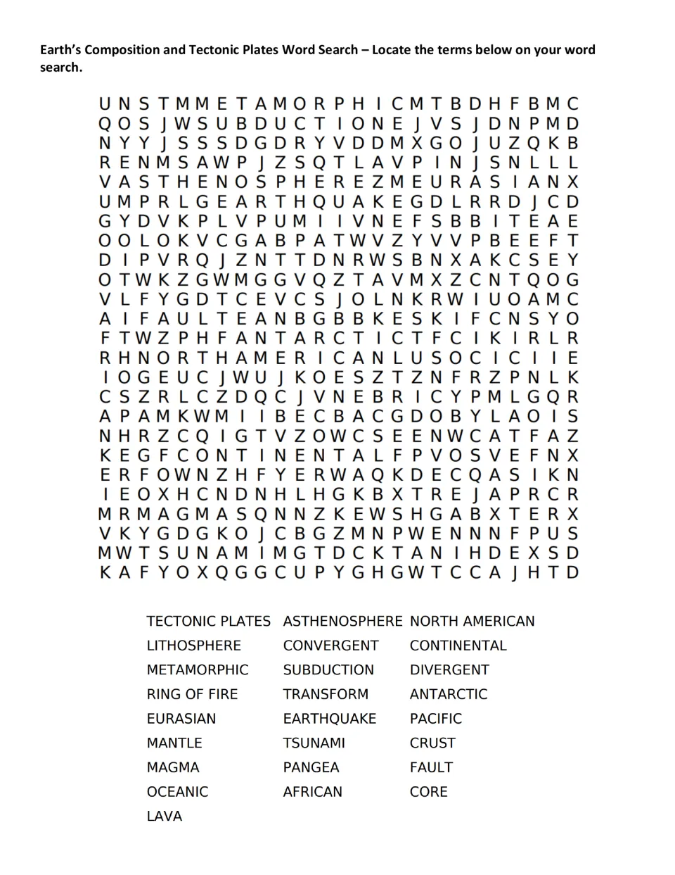 Earth science word search for 25 terms, including tectonic plates, lithosphere, metamorphic, and mantle