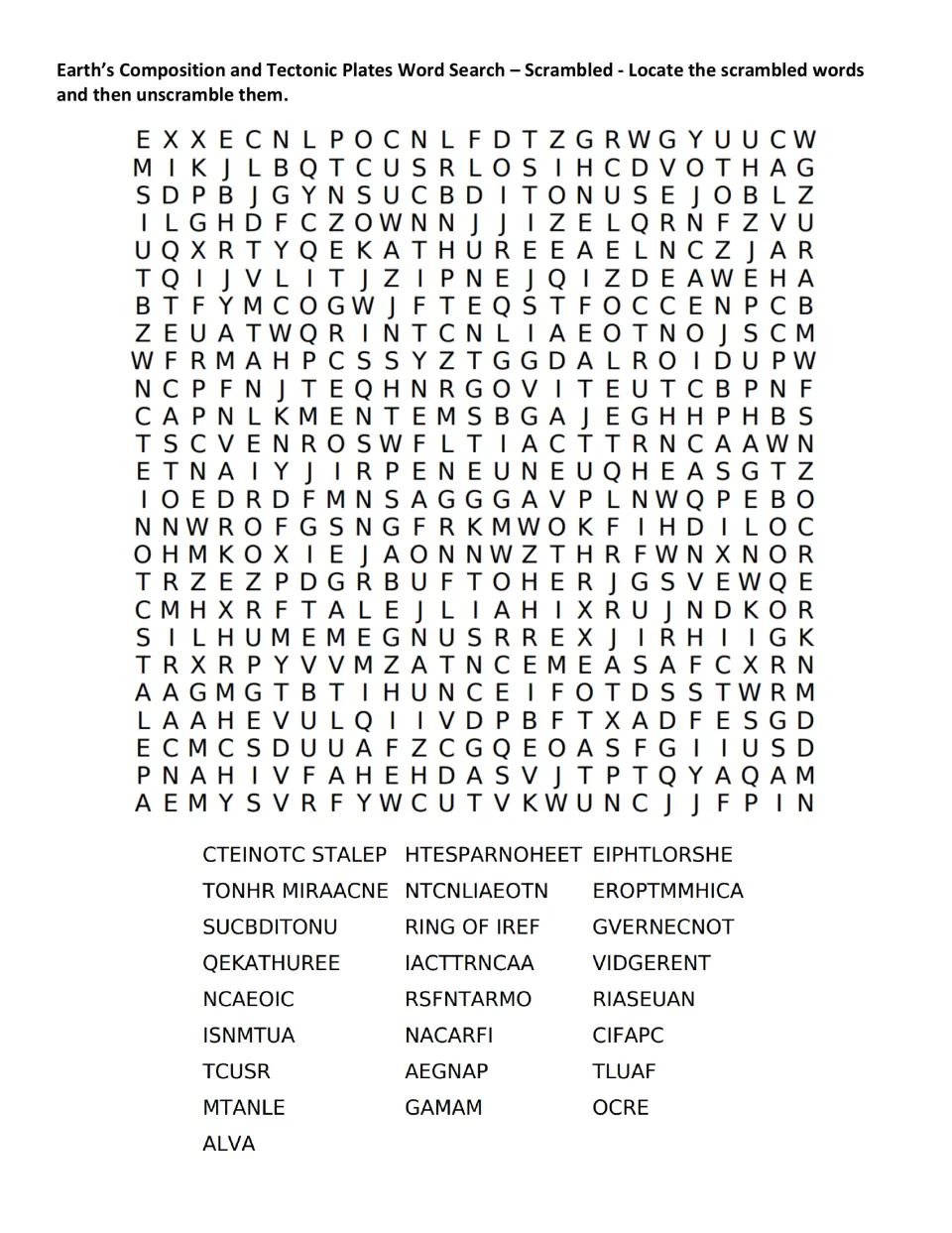Scrambled word search for the same 25 Earth science terms, including TCUSR, MTANLE, OCRE, and ALVA