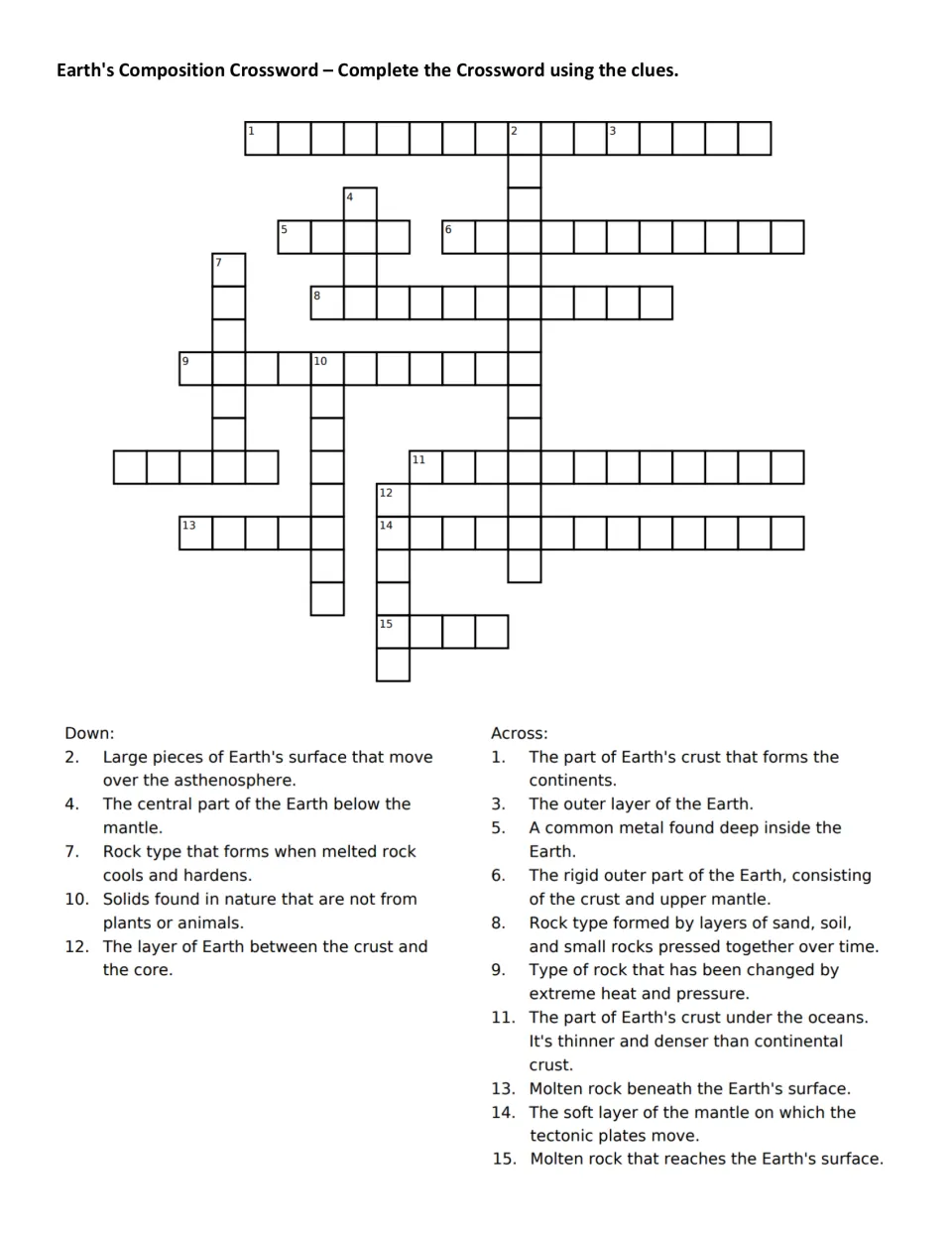 Earth's layers and rock types crossword: students solve 15 clues on crust, mantle, core, magma and igneous rock