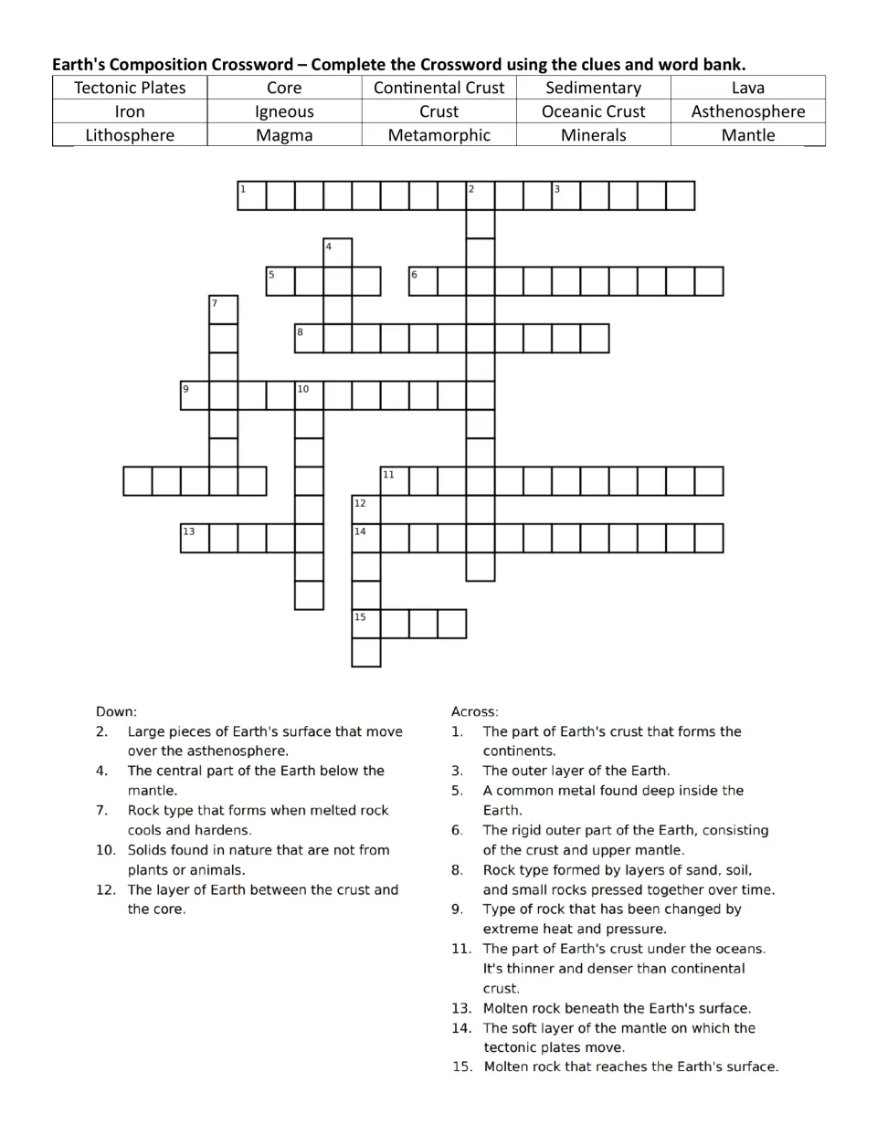 Earth's composition crossword with word bank: students use 15 terms like lithosphere and lava to solve layer and rock clues