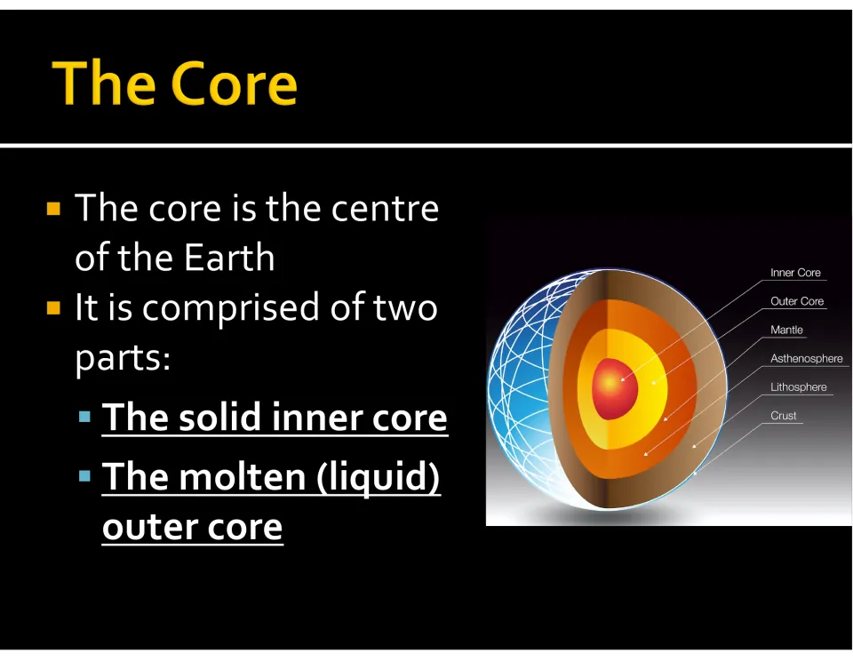 Core introduction slide identifying Earth's center as two parts: a solid inner core and a liquid outer core
