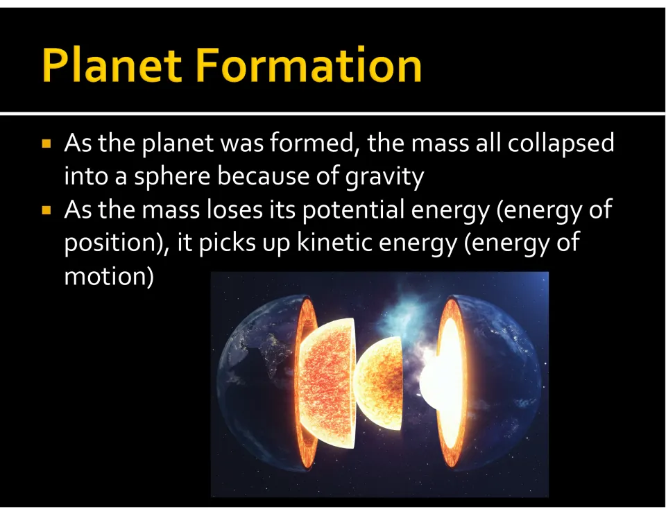 Planet formation slide explaining gravity's pull into a sphere and the change from potential to kinetic energy