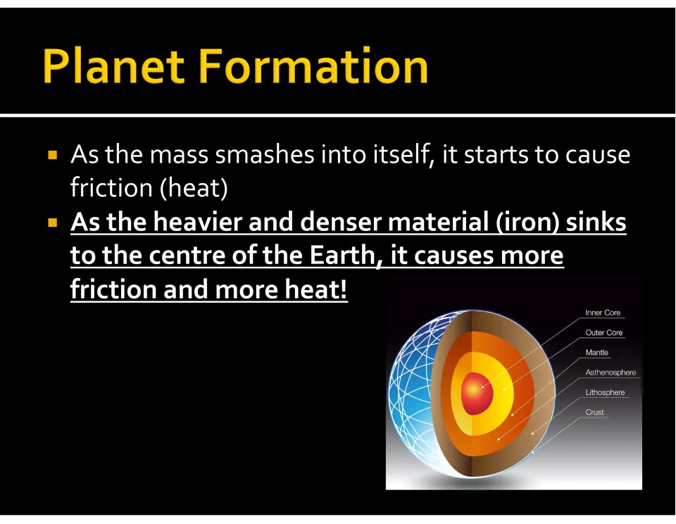 Planet formation slide describing heat from collisions and denser iron sinking toward the center of Earth