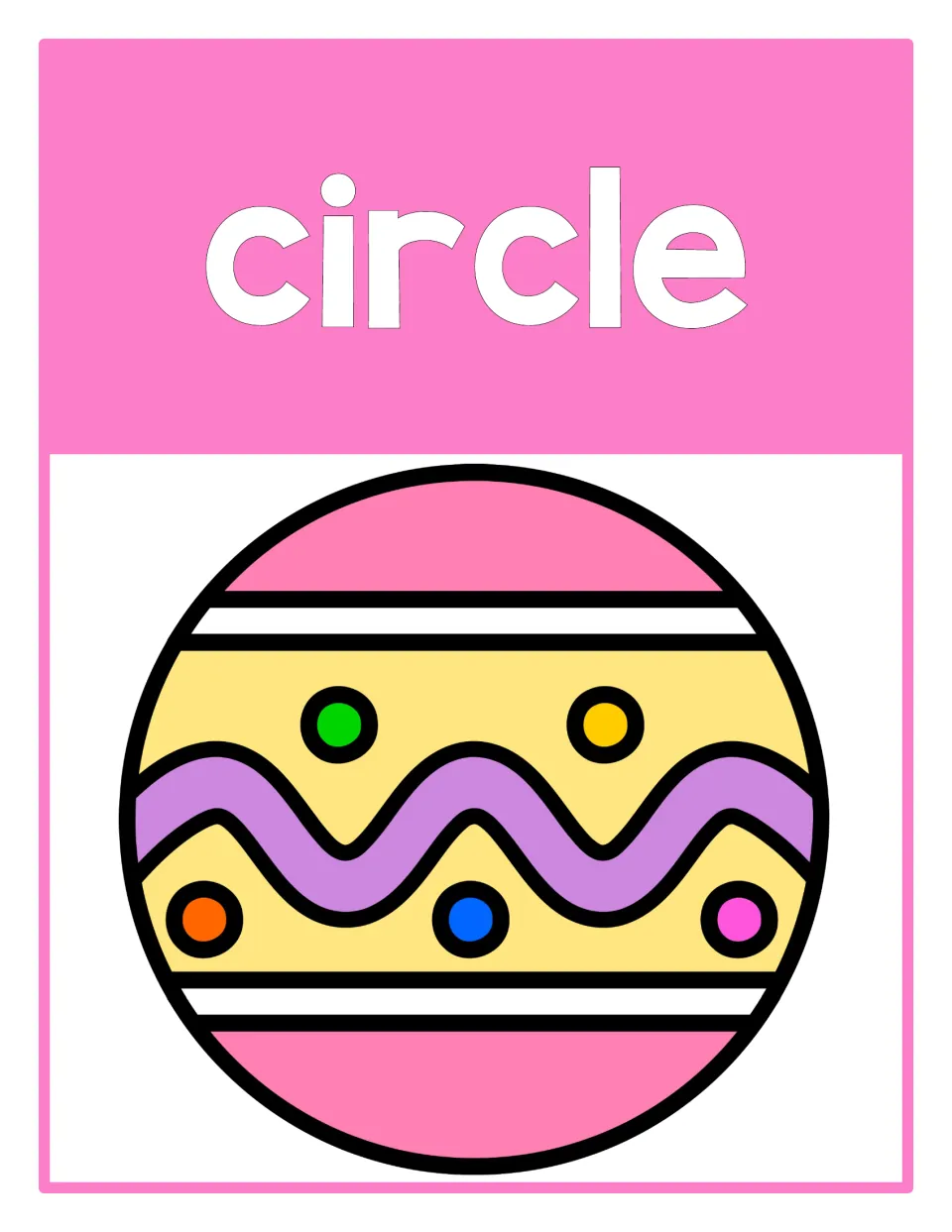 Easter shape poster labeled 'circle' shows a round shape decorated like an egg for shape recognition.