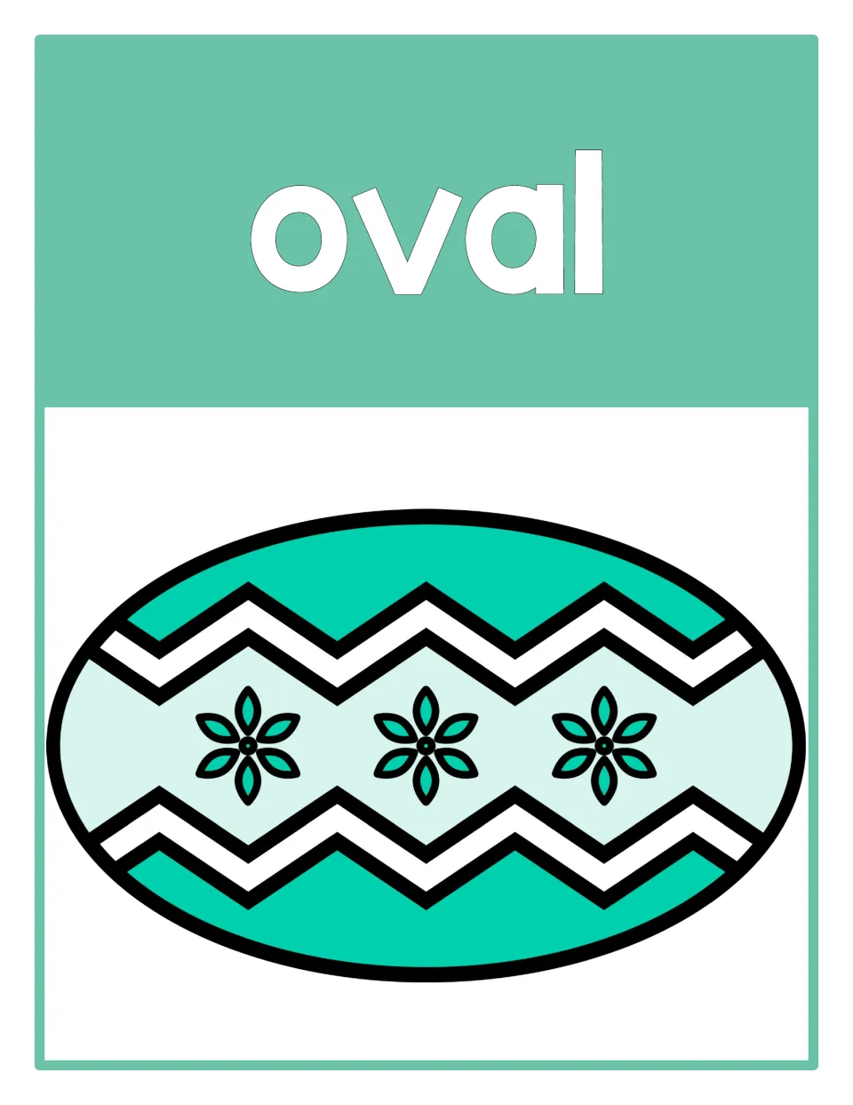 Easter shape poster labeled 'oval' shows a wide oval decorated like an egg for shape recognition practice.