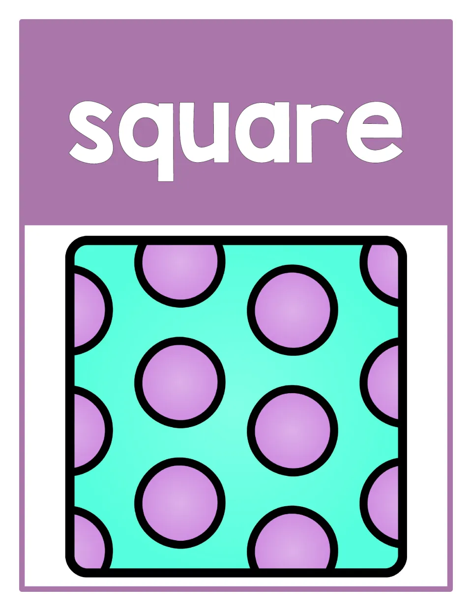 Easter shape poster labeled 'square' shows a turquoise square with purple dots for shape recognition.