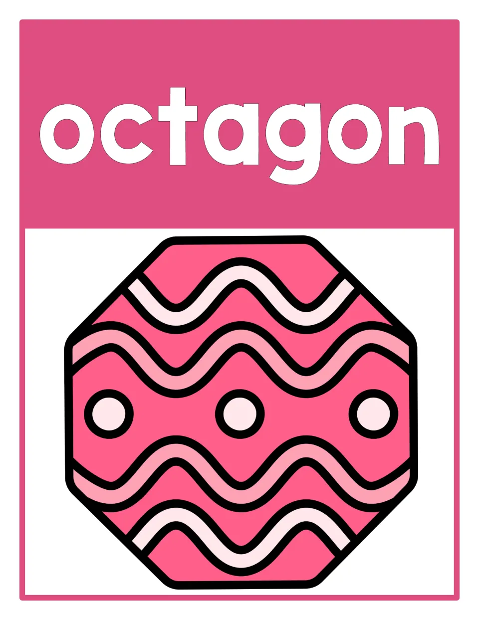 Easter shape poster labeled 'octagon' shows a pink eight-sided shape decorated like an egg with waves and dots.