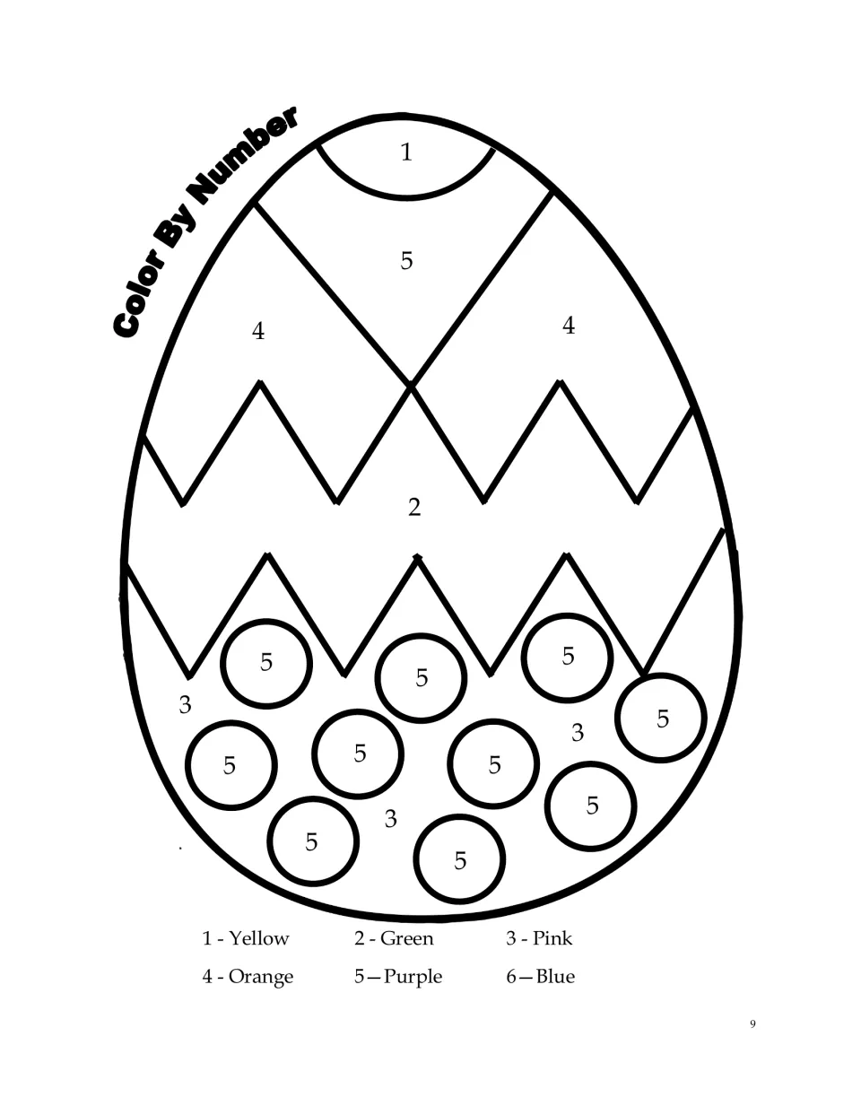 Easter egg color-by-number: students match numbers 1 to 5 to a color key to color zigzag stripes and dots on an egg