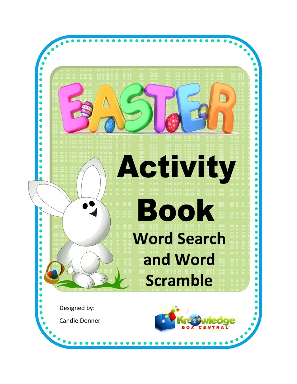 Easter Activity Book cover for word search and word scramble puzzles, with a white bunny holding a basket of eggs