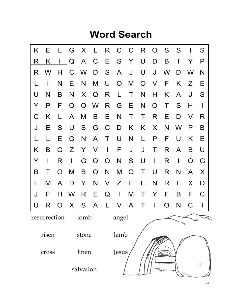Easter story word search: students find resurrection, tomb, angel, risen, stone, lamb, cross, linen, Jesus and salvation