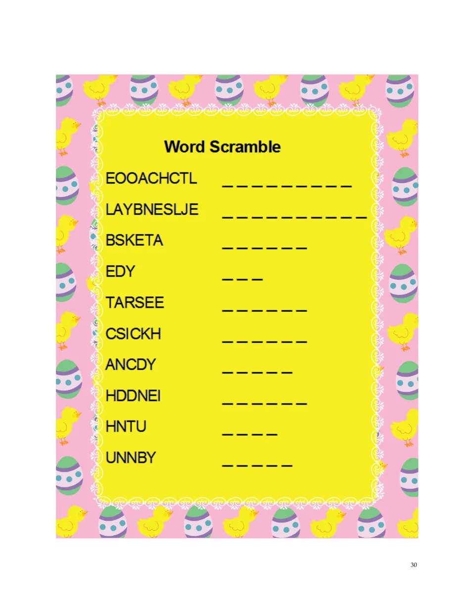 Easter word scramble: students unscramble 10 jumbled holiday words such as TARSEE, UNNBY and BSKETA, writing each on blanks