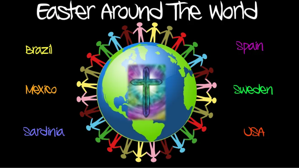 Easter Around the World presentation cover naming Brazil, Mexico, Sardinia, Spain, Sweden, and the USA