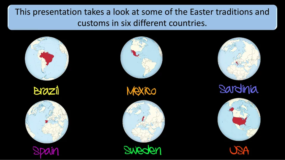 Presentation overview locating Brazil, Mexico, Sardinia, Spain, Sweden, and the USA on labeled globes