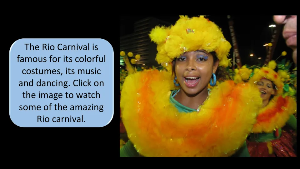 Brazil carnival slide describing colorful costumes, music, and dancing, with an image labeled to click for video