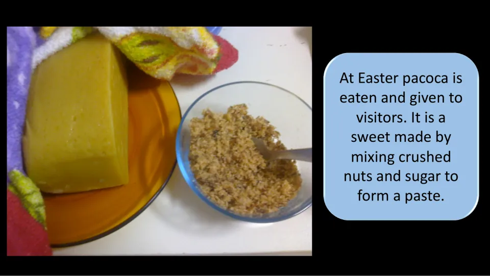 Brazil food traditions slide describing pacoca as an Easter sweet made from crushed nuts and sugar for visitors