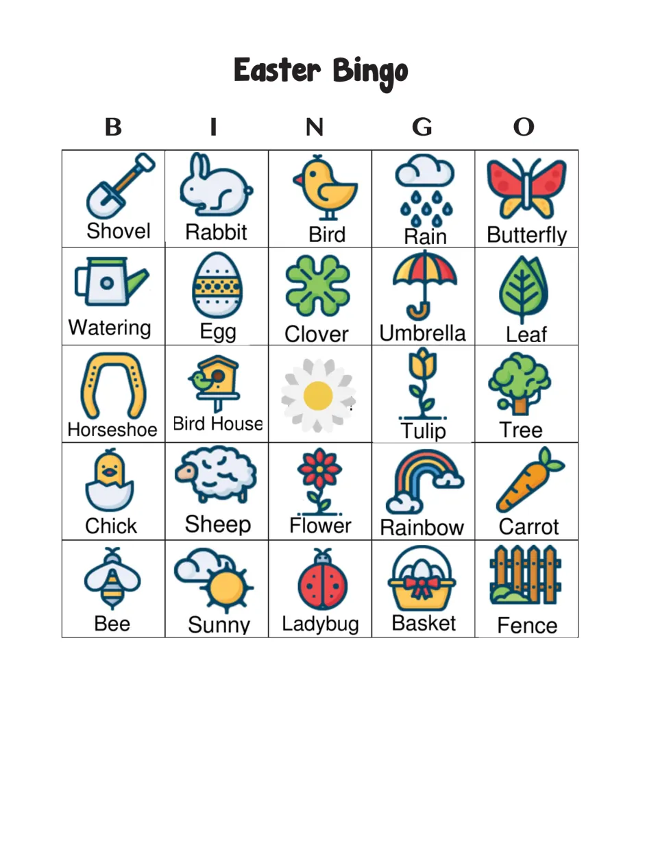 Easter Bingo card 1: players match called picture words; top row Shovel, Rabbit, Bird, Rain, Butterfly, daisy free space