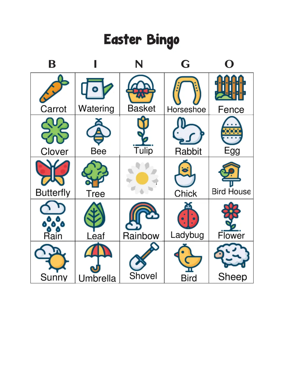 Easter Bingo card 2: players mark called spring words; top row Carrot, Watering, Basket, Horseshoe, Fence, daisy center