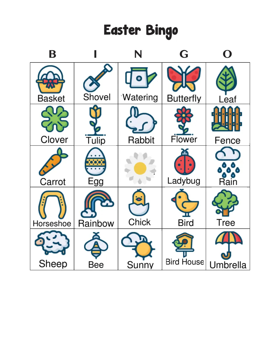 Easter Bingo card 3: players cover called pictures; top row Basket, Shovel, Watering, Butterfly, Leaf, daisy free space