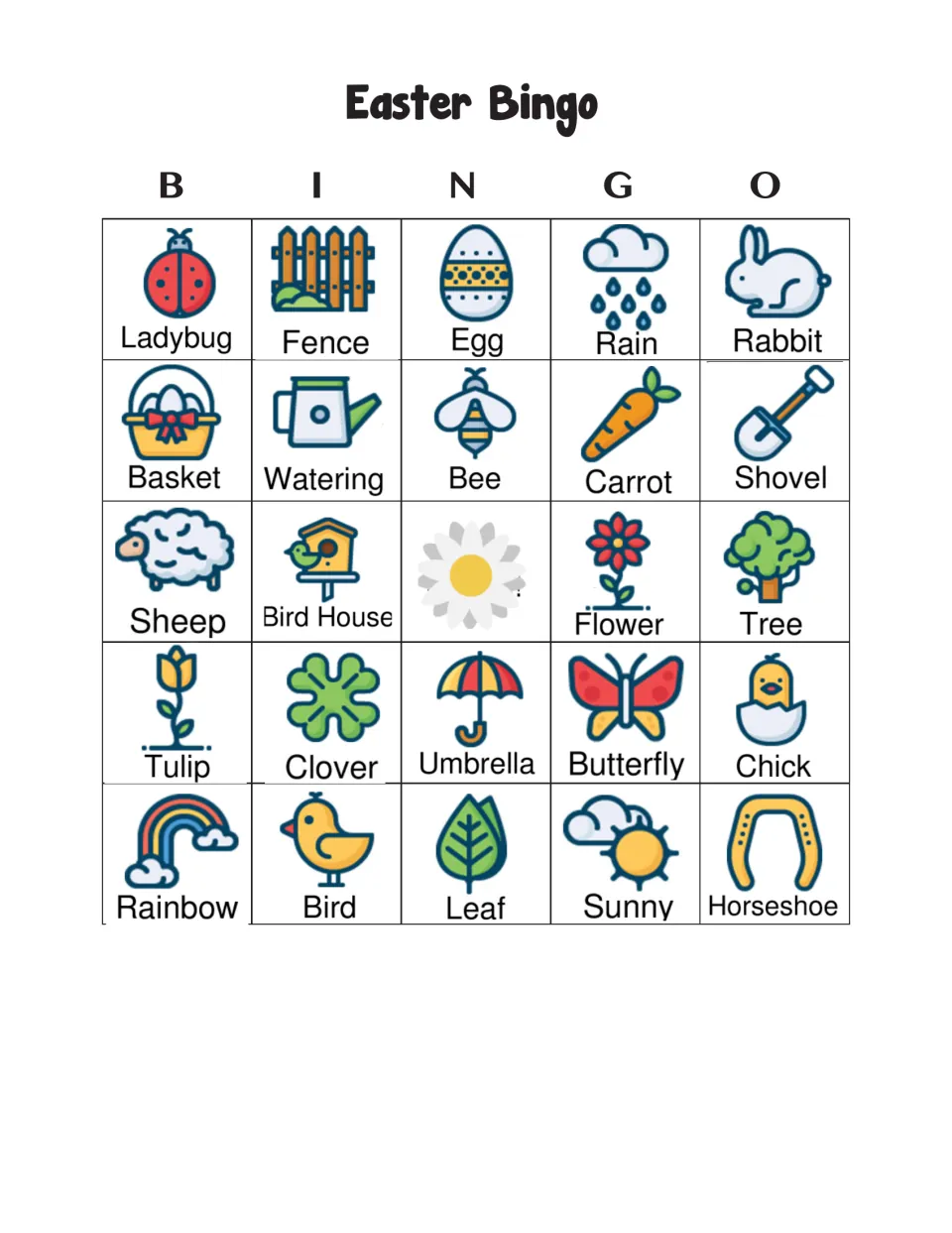 Easter Bingo card 4: players find called words; top row Ladybug, Fence, Egg, Rain, Rabbit, with a daisy as the free space