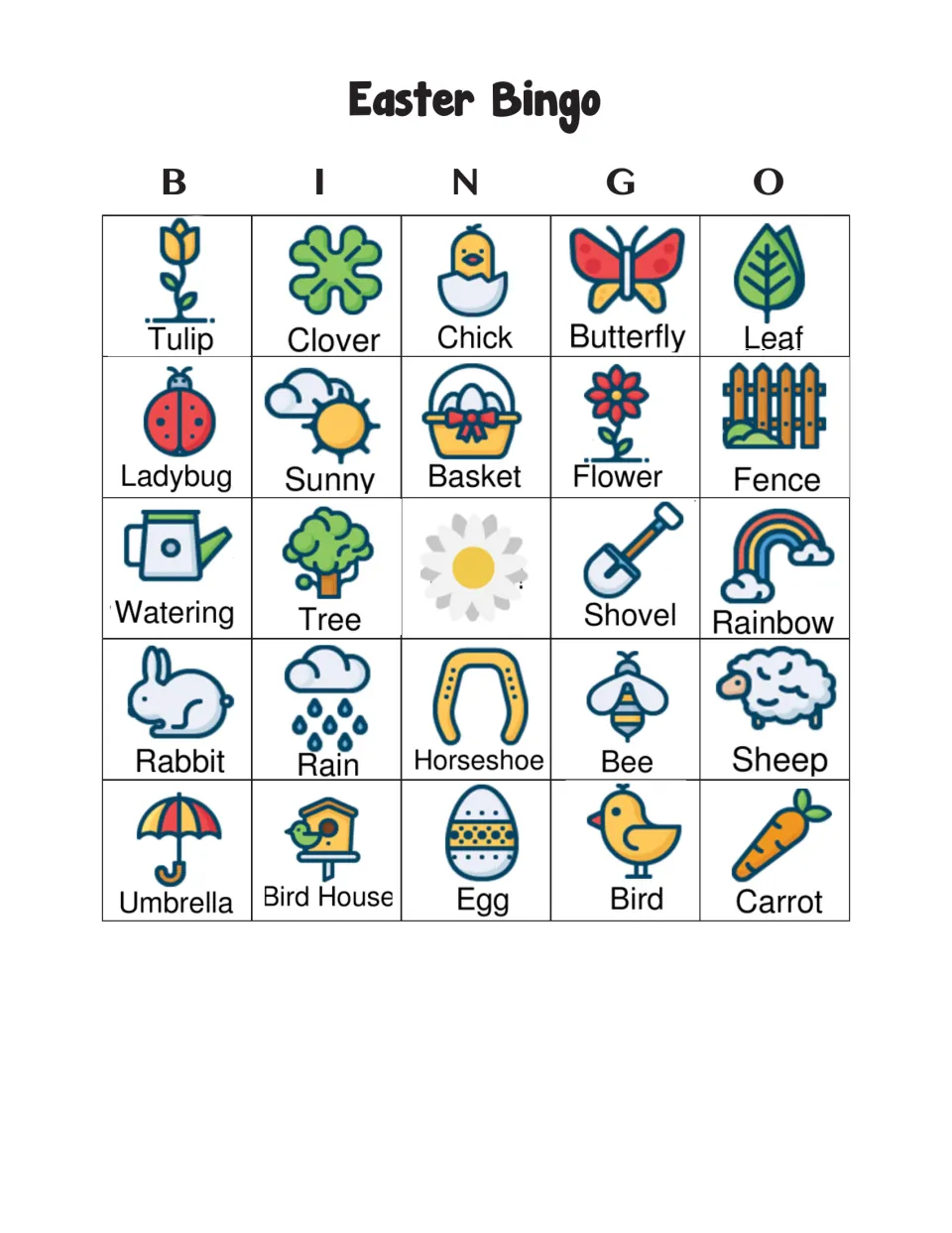 Easter Bingo card 5: players mark matching pictures; top row Tulip, Clover, Chick, Butterfly, Leaf, daisy free center