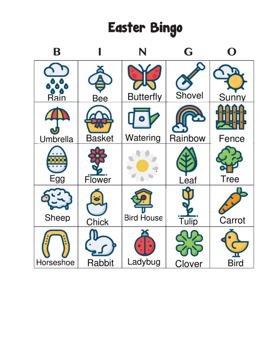 Easter Bingo card 6: players listen and cover words; top row Rain, Bee, Butterfly, Shovel, Sunny, with a daisy free space