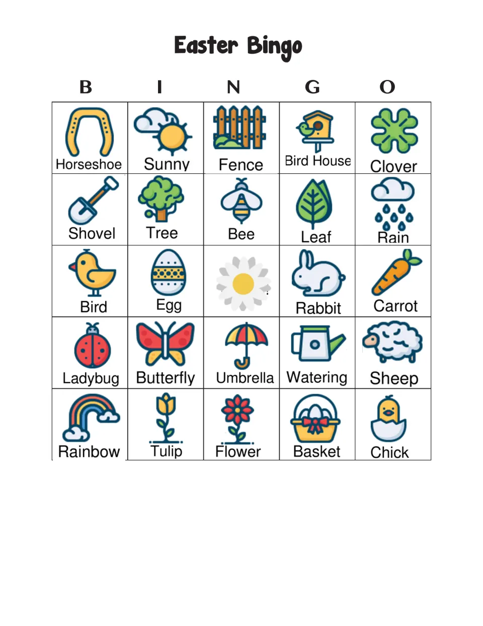 Easter Bingo card 7: players spot called words; top row Horseshoe, Sunny, Fence, Bird House, Clover, daisy free center