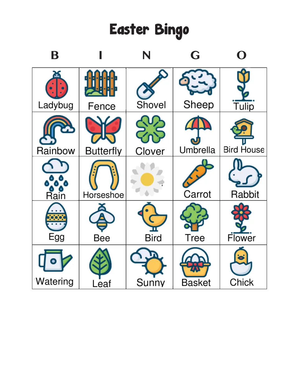 Easter Bingo card 8: players mark called icons; top row Ladybug, Fence, Shovel, Sheep, Tulip, with a daisy as free space