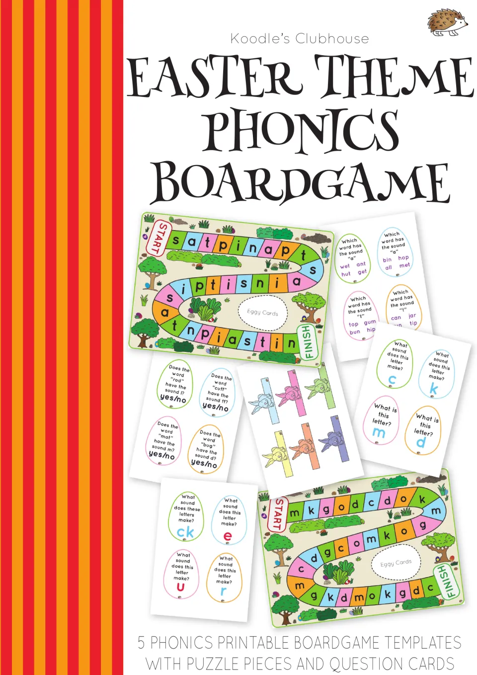 Easter phonics board game cover showing sample letter paths, egg question cards, and bunny playing counters