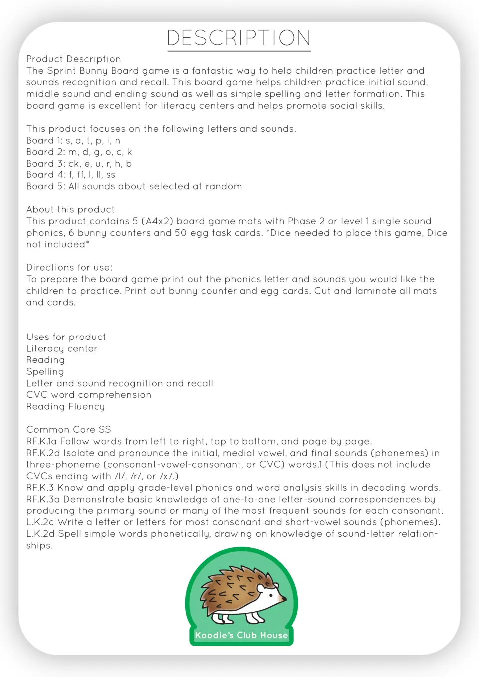 Phonics board game description lists five sound sets, included pieces, preparation steps, and literacy uses