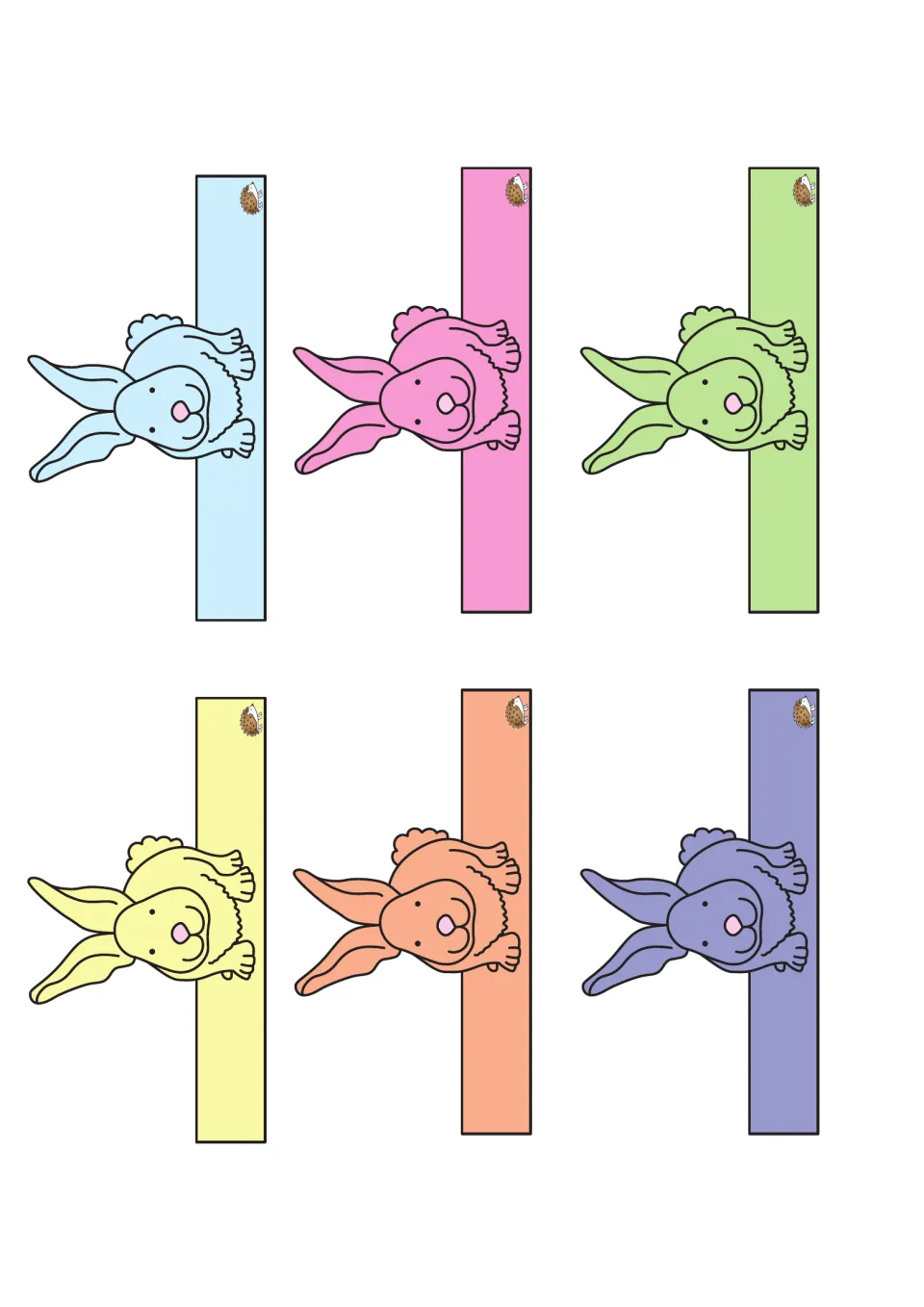 Six bunny counters to cut out for the phonics board game, in blue, pink, green, yellow, orange, and purple