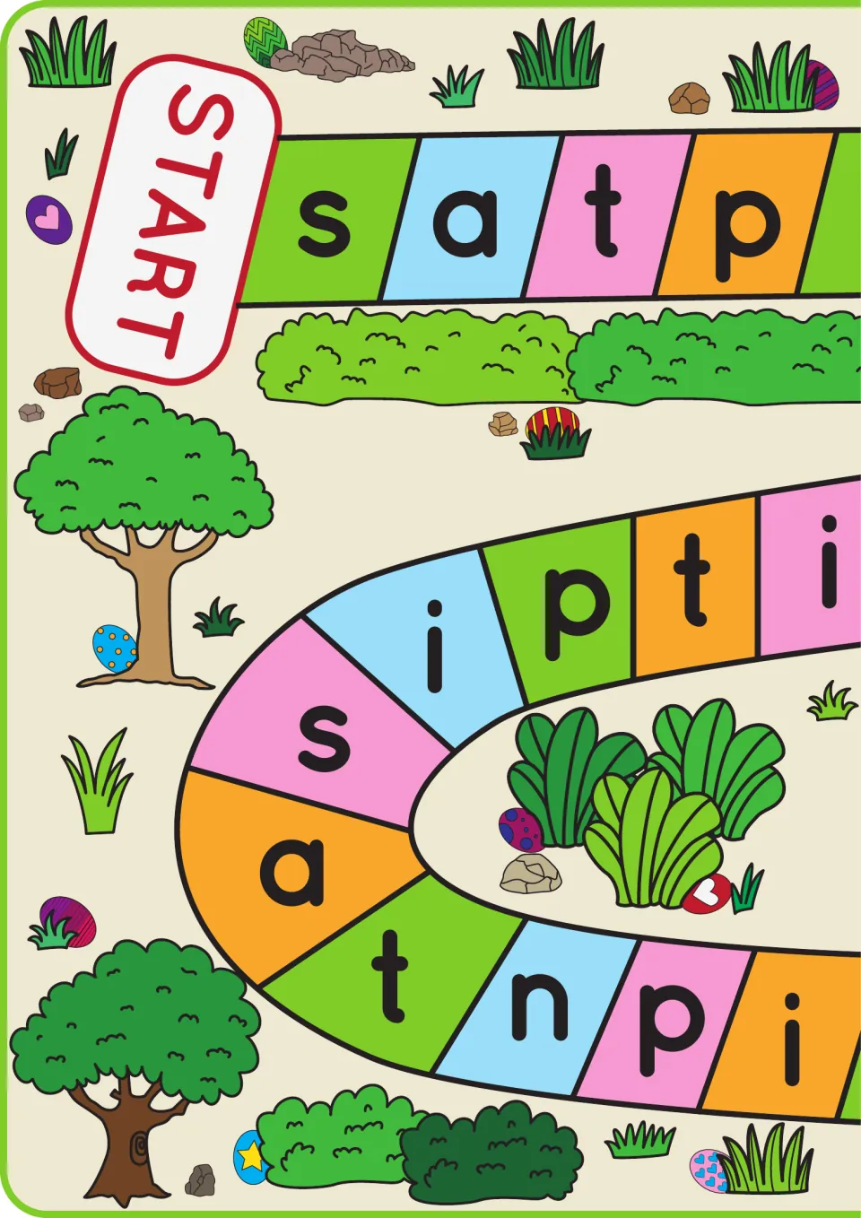 First half of the s, a, t, p, i, n phonics game board, showing START and a path of repeated lowercase letters