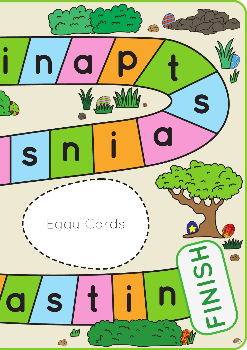 Second half of the s, a, t, p, i, n phonics game board, showing the Eggy Cards space and the FINISH label