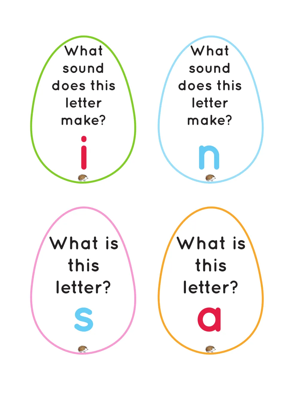 Four egg task cards for the phonics board game ask for the sounds of i and n and the letter names s and a