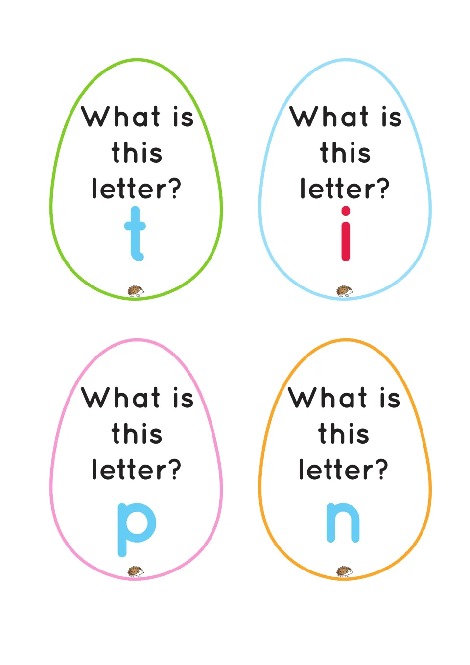 Four egg task cards for the phonics board game ask students to identify the lowercase letters t, i, p, n