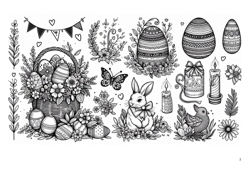 Easter coloring sheet featuring a flower-filled egg basket, a rabbit wearing a bow, candles and a bird