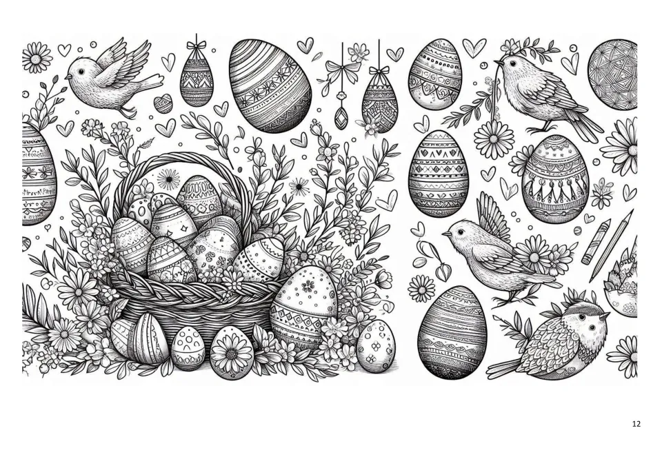 Easter coloring sheet featuring a basket of decorated eggs, four birds, hanging eggs and flowering stems