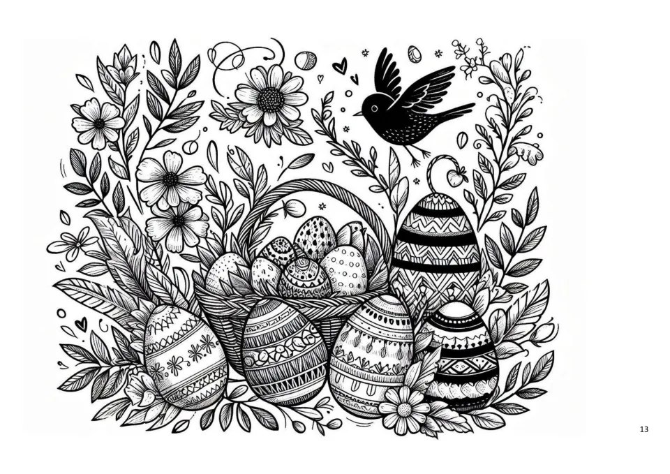 Easter coloring sheet featuring patterned eggs around a woven basket, tall flowers and a flying bird
