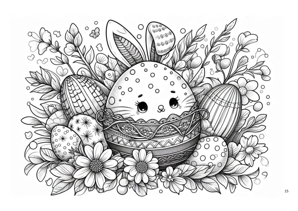 Easter coloring sheet featuring a spotted bunny-faced egg in a decorated basket among eggs and flowers