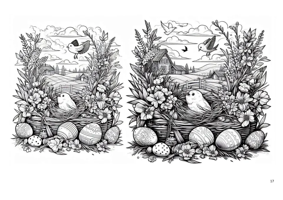 Easter coloring sheet featuring two bird nest scenes with baskets, patterned eggs, flowers and rural houses