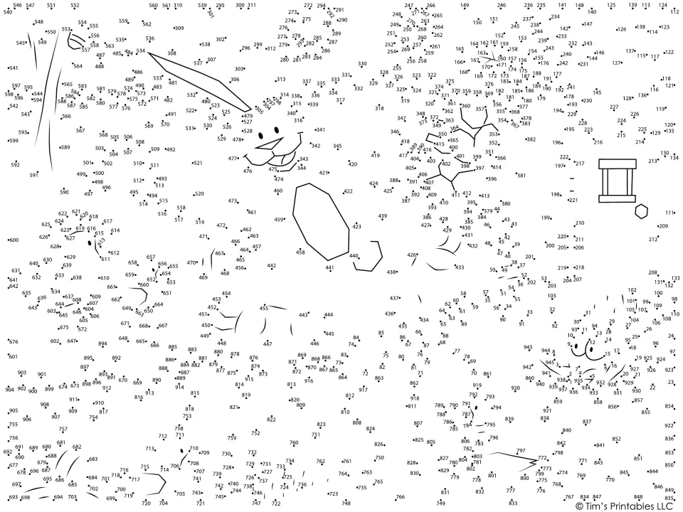Easter bunny scene dot-to-dot: students connect numbered dots from 1 to about 948 in order to reveal the hidden picture