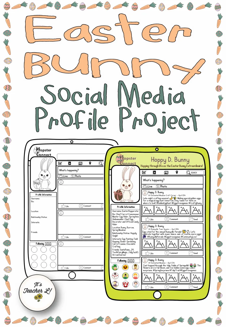 Easter Bunny Social Media Profile Project cover showing a blank profile and a colored Hoppy D. Bunny example