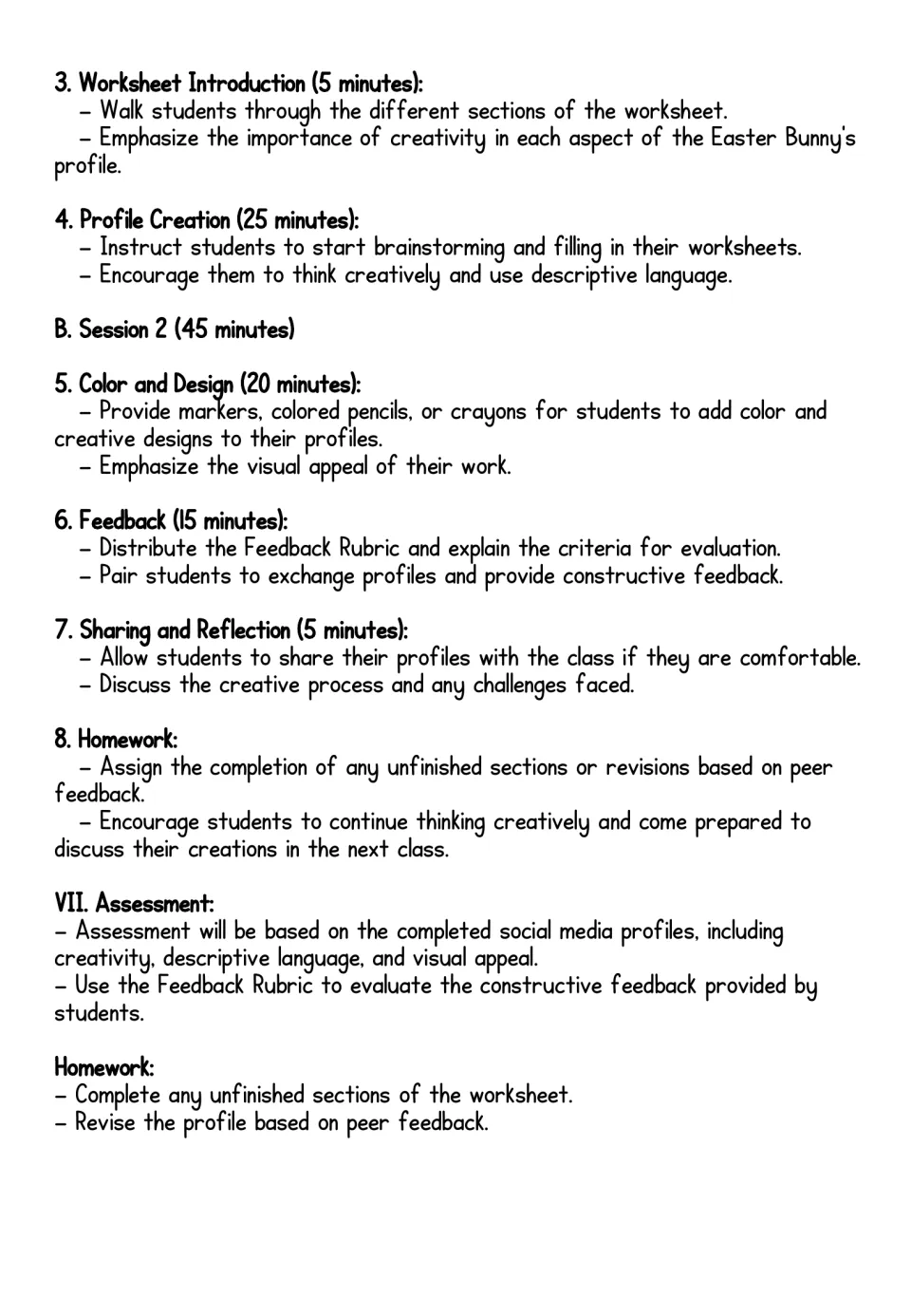 Lesson plan continuation covering profile creation, color and design, peer feedback, reflection, and assessment