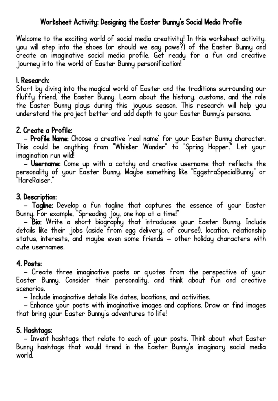 Student directions for researching Easter and creating a bunny profile name, username, bio, posts, and hashtags