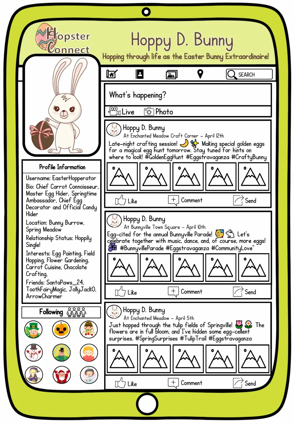 Completed Hoppy D. Bunny sample profile includes a bio and posts about golden eggs, a parade, and tulip fields