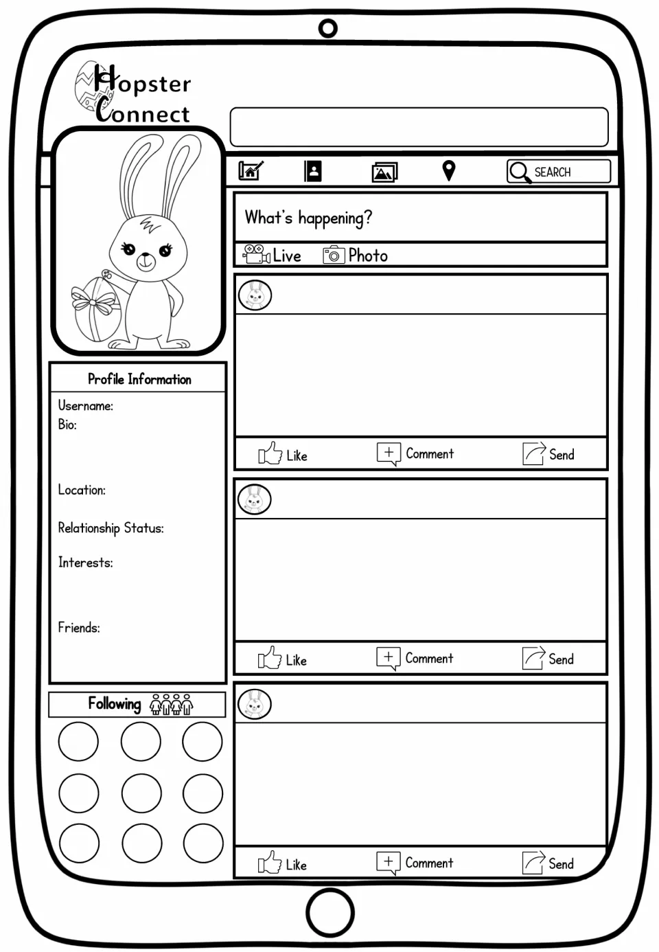 Blank bunny profile worksheet with a bunny holding an egg, profile information prompts, and space for three posts