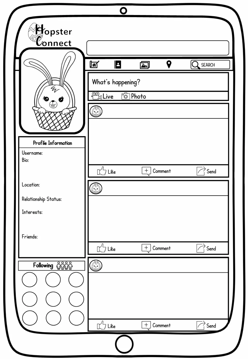 Blank bunny profile worksheet with a bunny in a basket, prompts for a username and bio, and three posts